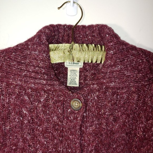 LL BEAN Wool Blend Button Down Collared Cable Knit Cardigan  Size M Wine… - Picture 5 of 5